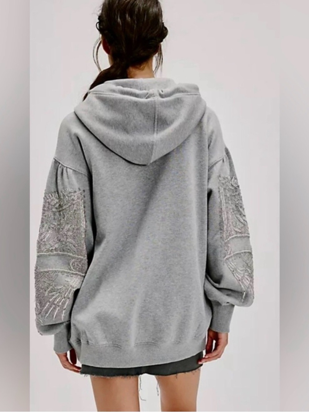 Free People Light Gray Embroidered Hoodie with Rope Drawstrings - Picture 2 of 13